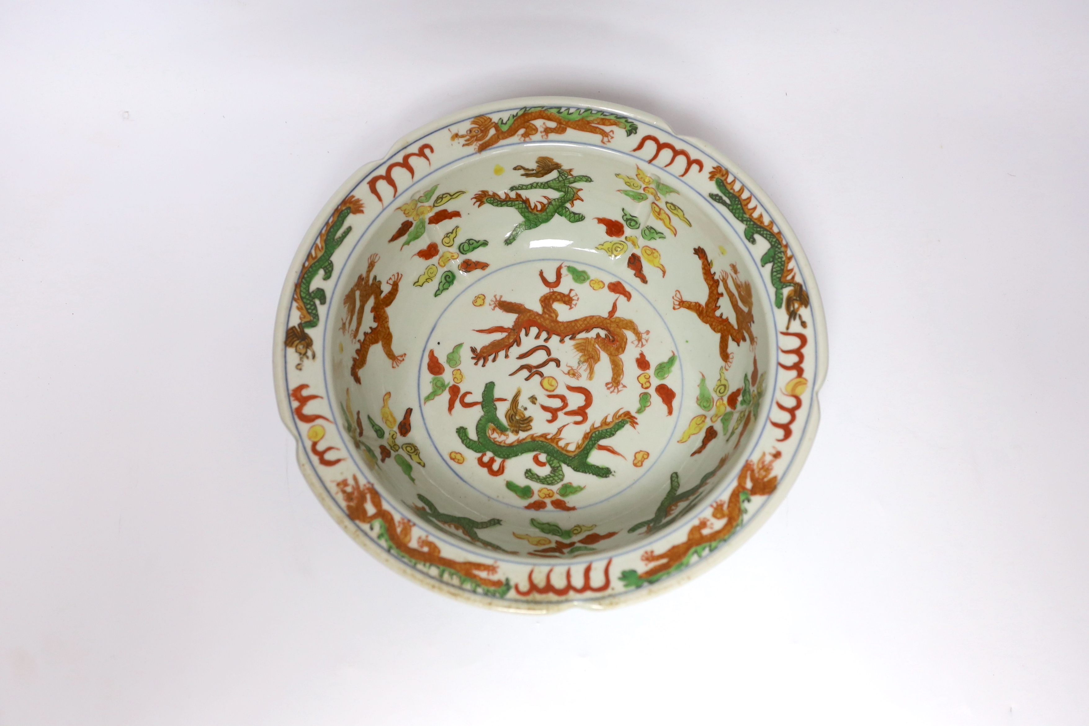 A Chinese famille verte bowl, Wanli mark but later, 27cm diameter